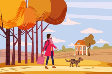 Genç kadın sonbahar şehir parkında köpeği gezdirir. Havalı bir görünüş, evcil hayvan, sonbahar havası. Vektör illüstrasyon pankartı