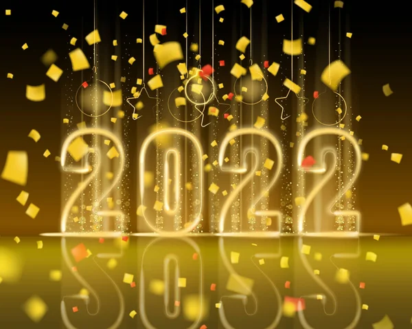 2022 Nieuwjaar glanzende gouden kleur glanzende nummers banner. Realistische tekst zaklamp, gouden deeltjes, glitter, vonken stof, zwarte achtergrond. Vector illustratie wenskaart — Stockvector