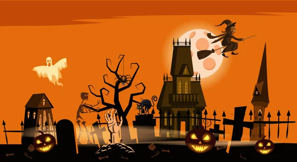 Joyeux poster d'Halloween, sourires effrayants citrouilles, cimetière nocturne, maison hantée, fantôme, sorcière, chat noir, pleine lune. Bannière vectorielle de style dessin animé — Image vectorielle