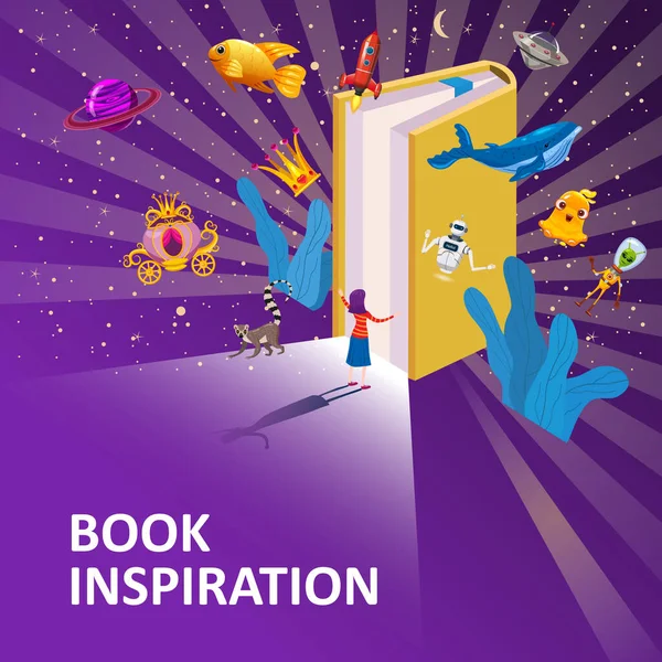 Open Book Imagination με κορίτσι, concept background. Βιβλίο ανάγνωσης έμπνευσης με φαντασία και δημιουργικά στοιχεία ρόκα, φάλαινα, ούφο, μονόκερος, χρυσά ψάρια. Εικονογράφηση διάνυσμα αφίσα στυλ κινουμένων σχεδίων — Διανυσματικό Αρχείο