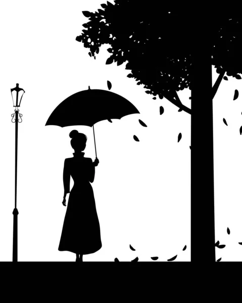Silhouette of cute girl with umbrella, black color, autumn, tree, street lamp. Vector illustration wight background — Stock Vector