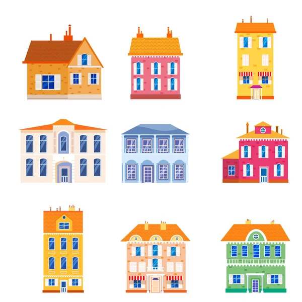 Set houses cottage home front view, colorful real estate. Cartoon urban buildings, vector illustration — Stock Vector