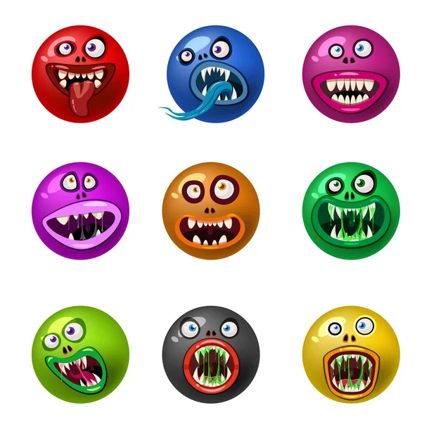 Set od Mostro faccia cartone animato icone rotonde testa personaggi di Halloween. Illustrazione, adesivo, emblema divertente maschera carina, vettore — Vettoriale Stock