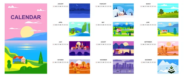 Kalenderlandschaft natürliche Hintergründe von vier Jahreszeiten. Set 12 minimalistische Cartoon flaches Design Jahreszeiten Hintergrund — Stockvektor