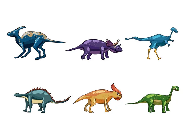 Sätt roliga förhistoriska dinosaurus Triceratops, Brontosaurus. Samling gamla vilda monster reptiler tecknad stil. Vektor isolerad — Stock vektor