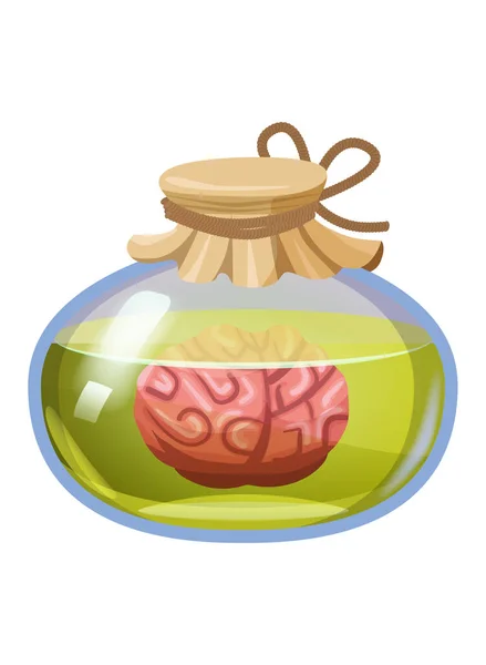 Poción mágica de botella con cerebro. Activo icono del juego, vidrio, elixir líquido, cocina, frasco, Vector ilustración de dibujos animados para el juego, interfaz de usuario aplicación — Vector de stock