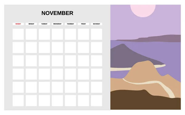 Planer kalendarza Listopad jesień miesiąc. Minimalne abstrakcyjne współczesny krajobraz naturalne tło. Miesięczny wzór dziennika pracy. Wyizolowany wektor — Wektor stockowy