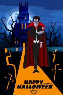 Cadılar Bayramı 'nız kutlu olsun. Drakula, mezarlıklarda, haçlarda, mezarlarda, korkunç balkabaklarında, ayda, terk edilmiş malikanelerde, uçan yarasaların siluetlerinde partilere davetli. Vektör illüstrasyon çizgi film tarzı poster