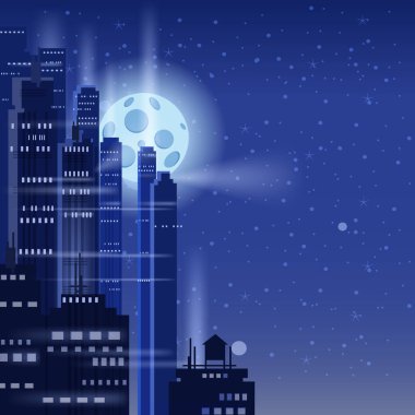 Gece fütüristik şehir arka planı, parlak ışıklar, ay, manzara, modern binalar, gece yarısı. Vektör illüstrasyon poster kapağı