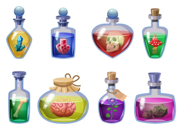 Σετ από μπουκάλια μαγικό φίλτρο. Εικονίδια παιχνίδι υγρό ελιξίριο πολύχρωμο με scull, εγκέφαλος, κόκκαλο, κρύσταλλο, λουλούδι, μανιτάρι, πέτρα. Εφαρμογή περιουσιακό στοιχείο Vector game UI — Διανυσματικό Αρχείο