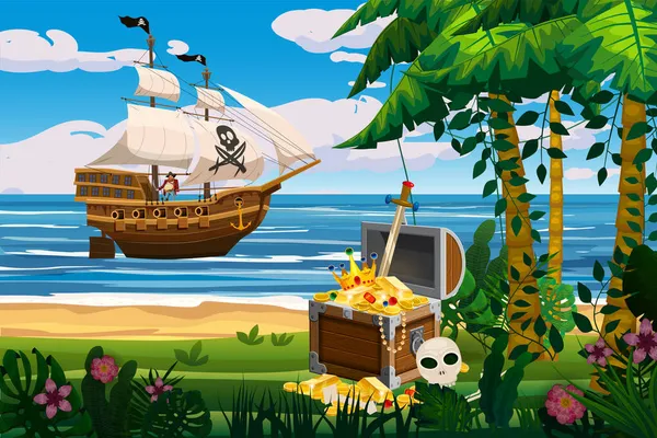 Tropický ostrov Pirátská loď pod plachtou v oceánu, poklady cheast, tropické, palmy. Moře krajina pobřeží, pláž, písek, dobrodružství, hra. Vektorová ilustrace — Stockový vektor