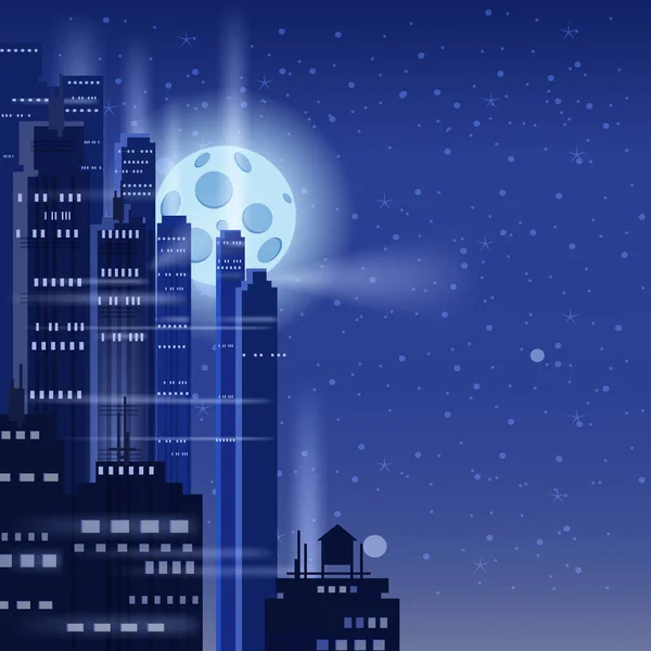 Noite futurista cidade fundo, luzes brilhantes, Lua, panorama, edifícios modernos, meia-noite. Capa de cartaz de ilustração vetorial —  Vetores de Stock