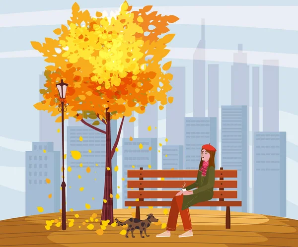 Nettes Mädchen mit Hund sitzt auf einer Bank mit einer Tasse Kaffee, unter einem Baum mit fallenden gelben Blättern in einem Stadtpark. Vektor, Illustration — Stockvektor