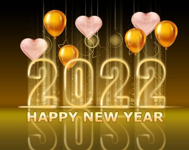 2022 Yeni Yıl Takvimi parlak altın rengi, parlak sayılar afişi, sahne podyumu, pembe kalp balonları. Hafta pazar günü başlıyor. Gerçekçi metin ışığı, altın parçacıklar, parıltı, ışıltı tozu, siyah