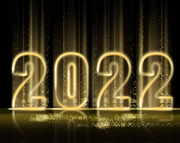2022 Новий рік блискучий золотий колір блискучий банер номерів. Реалістичний текстовий спалах світла, золоті частинки, блиск, блиск пилу, чорний фон. Векторні ілюстрації вітальна листівка — стоковий вектор