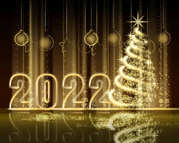 God Jul och Gott Nytt År 2022, träd guld ljus damm dekoration, gyllene suddig magi glöd på mörk bakgrund. God jul firande. Vektor illustration banner gratulationskort — Stock vektor