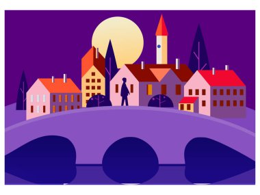 Günbatımı eski şehir manzarası, gece. Mimari Avrupa köprüsü nehri, vektör illüstrasyonu minimal düz biçim
