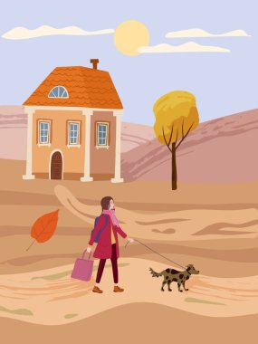 Sonbahar kırsalında genç bir kadın köpeği gezdirir. Havalı bir görünüş, evcil hayvan, sonbahar havası. Vektör illüstrasyon pankartı