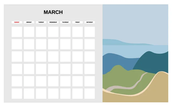 Kalendarz Planer Marzec miesiąc wiosna. Minimalne abstrakcyjne współczesny krajobraz naturalne tło. Miesięczny wzór dziennika pracy. Wyizolowany wektor — Wektor stockowy
