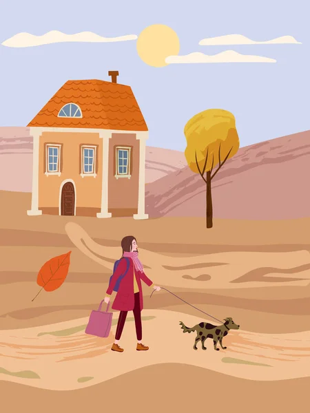 Fiatal nő sétáltatja a kutyát az őszi vidéki tájon. Trendi divatos megjelenés háziállattal, őszi hangulat. Vektor illusztrációs banner — Stock Vector