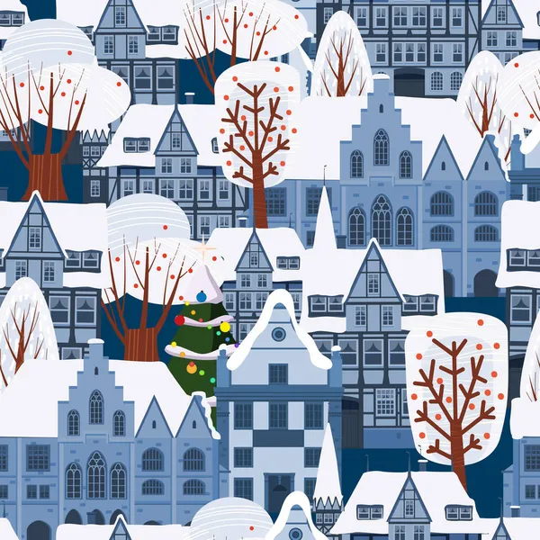 Natal Cidade Inverno sem costura padrão. Arquitetura antiga europeia, casas árvores neve. Ilustração vetorial — Vetor de Stock