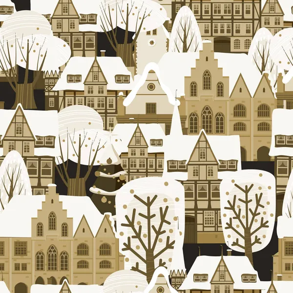 Ville de Noël Modèle sans couture d'hiver. Vieille architecture européenne, abrite des arbres neige. Illustration vectorielle — Image vectorielle
