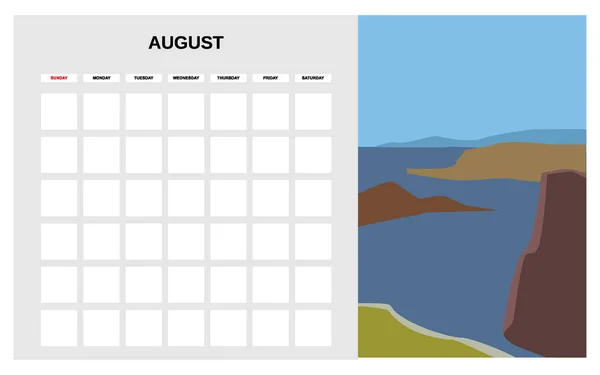 Kalenderplaner August Sommermonat. Minimal abstrakte zeitgenössische Landschaft natürlichen Hintergrund. Monatliche Vorlage für Tagebuchgeschäfte. Vektor isoliert — Stockvektor