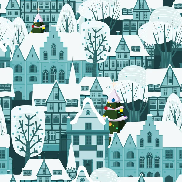 Ville de Noël Modèle sans couture d'hiver. Vieille architecture européenne, abrite des arbres neige. Illustration vectorielle — Image vectorielle