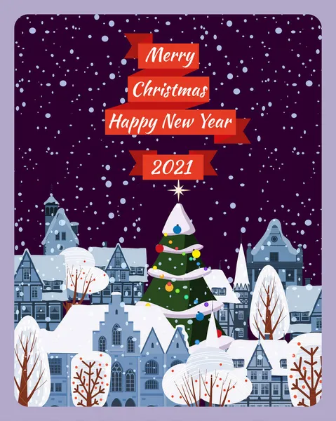 Veselé Vánoce a šťastný Nový rok plakát, zimní staré město městská krajina. Pozdrav - městská krajina. Vektorové ilustrace kreslený plochý styl — Stockový vektor