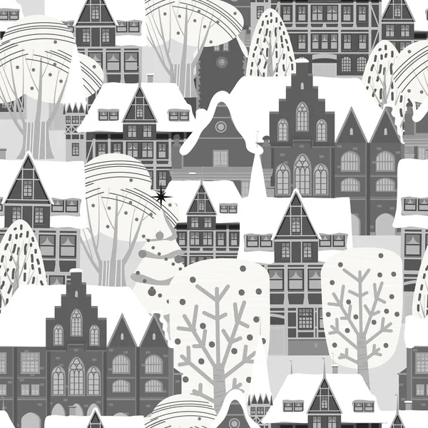 Modèle sans couture City Winter. Vieille architecture européenne, abrite des arbres neige. Illustration vectorielle — Image vectorielle