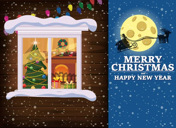圣诞快乐，窗户，夜晚月亮，圣诞老人与雪橇，装饰车库复古，客厅圣诞树。圣诞和新年庆祝活动。矢量插画平面卡通风格 — 图库矢量图片