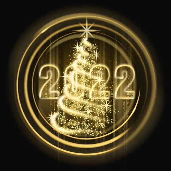 メリークリスマスとハッピーニューイヤー2022,木の金のライトダスト装飾,暗い背景に金色のぼやけた魔法の輝き.メリークリスマスのお祝い。ベクターイラストバナーグリーティングカード — ストックベクタ