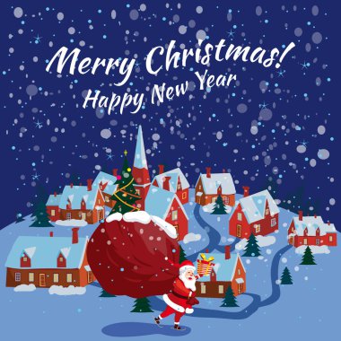 Hediyelerle dolu büyük bir çuval ile Noel Baba hediye getiriyor. Gece kışı manzaralı kasaba, Noel. Vektör illüstrasyon posteri, tebrik kartı çizgi film tarzı