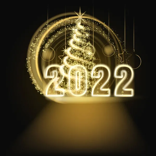 God Jul och Gott Nytt År 2022, träd guld ljus damm dekoration, gyllene suddig magi glöd på mörk bakgrund. God jul firande. Vektor illustration banner gratulationskort — Stock vektor