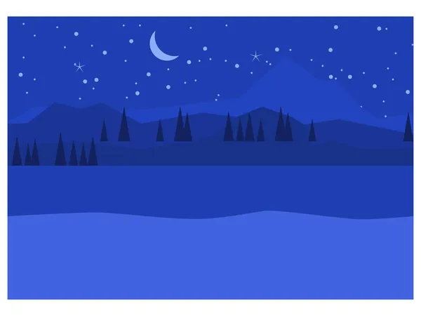 Noche de invierno paisaje montaña, campo de nieve, árboles, horizonte. Fondo del país de las maravillas, ilustración vectorial estilo mínimo — Vector de stock