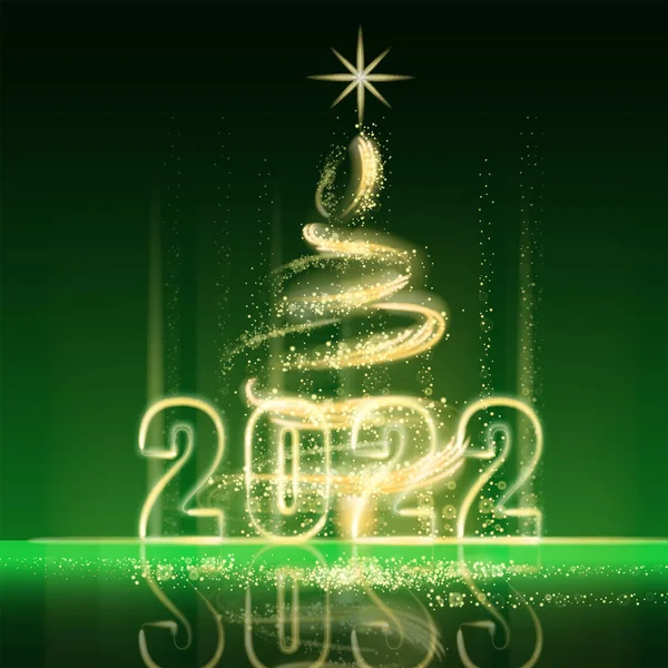2022年あけましておめでとうございます。メリークリスマスツリーの金の光のほこりの装飾、緑の背景に黄金のぼやけた魔法の輝き。メリークリスマスのお祝い。ベクターイラストバナーグリーティングカード — ストックベクタ