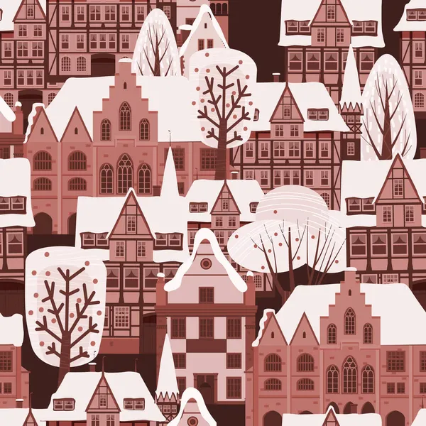 Modèle sans couture City Winter. Vieille architecture européenne, abrite des arbres neige. Illustration vectorielle — Image vectorielle