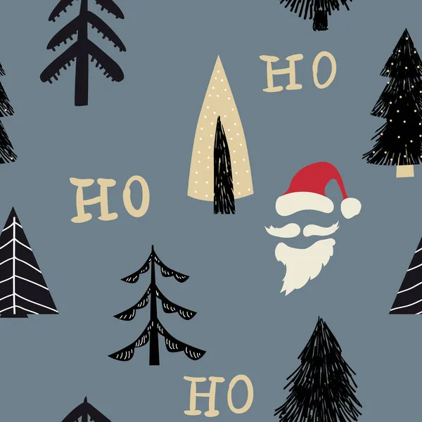 Hohoho bezproblemowy wzór, śmiech Świętego Mikołaja. Czerwony kapelusz, biała broda, wąsy, sosna, jodła. Ilustracja wektora tła — Wektor stockowy