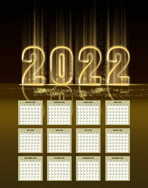 2022 Neujahrskalender goldglänzende Farbe glänzende Zahlen Banner, Bühne Podium. Die Woche beginnt am Sonntag. Realistisches Textblitzlicht, Goldpartikel, Glitzern, Funkeln, Staub, schwarzer Hintergrund. Vektor — Stockvektor