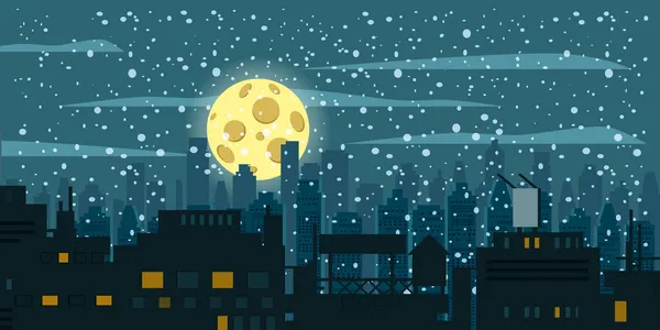 Illustration nocturne de la ville, hiver, toits, silhouette. Paysage urbain panorama moderne, paysage urbain avec gratte-cigares du centre-ville, bâtiments, fenêtres. Style de dessin animé vectoriel — Image vectorielle