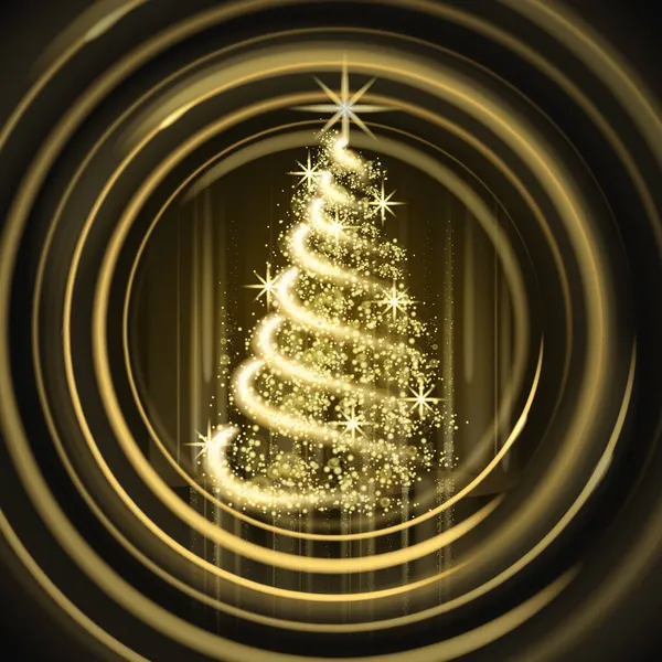 Árbol de Navidad luces doradas decoración de polvo, brillo mágico desenfocado dorado sobre fondo oscuro. Feliz celebración navideña. Tarjeta de felicitación de banner de ilustración vectorial — Vector de stock