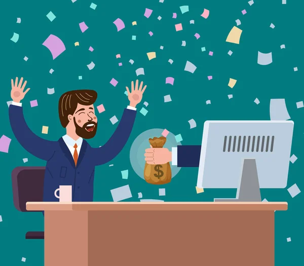 Exitoso empresario alegre recibe una bolsa de dinero de la pantalla de la computadora. Gana dinero en línea, el éxito financiero, ganar el premio de la lotería. Billetes caídos, confeti, ganar. Ilustración vectorial plana — Archivo Imágenes Vectoriales