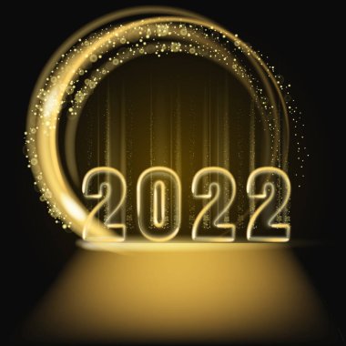 2022 Mutlu Yıllar, parlak altın rengi, parlak sayılar, afiş tasarımı şablonu. Gerçekçi metin ışığı, akış dairesi altın parçacıkları, parıltı, ışıltı tozu, siyah zemin. Vektör illüstrasyonu