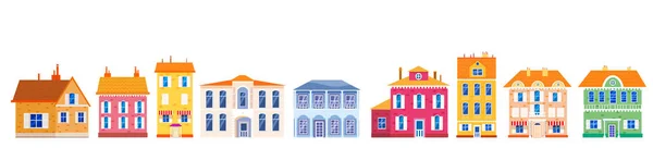Set huizen huisje huis vooraanzicht, kleurrijk onroerend goed. Cartoon stedelijke gebouwen, vector illustratie — Stockvector