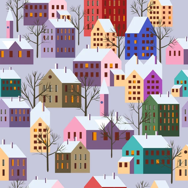 Christmas scandinavian town, seamless pattern winter city landscape, trees houses, New Year and Christmas holidays. Vector illustration minimalism style