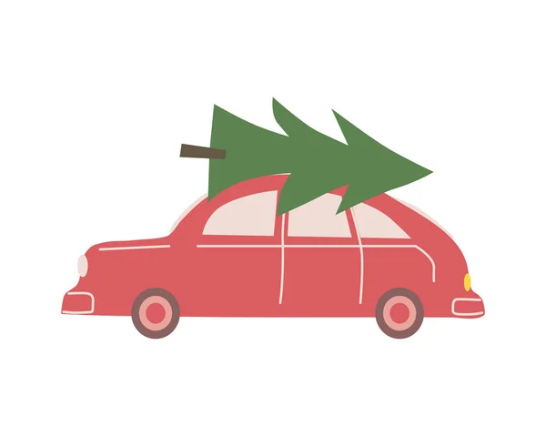 Navidad coche juguete entrega árbol de Navidad, retro, vendimia. Vector ilustración dibujos animados estilo plano — Archivo Imágenes Vectoriales