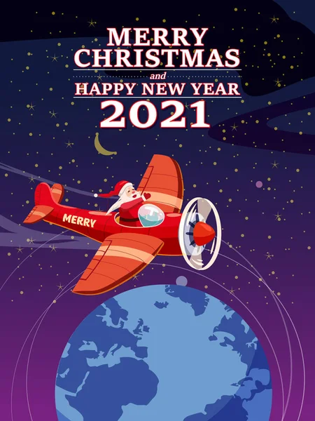 Santa Claus letí ve veteránském letadle. Vánoční plakát, banner retro kreslený styl ilustrace — Stockový vektor