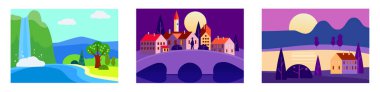 Mevsimler dizisi ilkbahar, yaz, sonbahar. Kırsal, dağlık, tarla, şehir, deniz, sıcak, gece. Vektör minimalist düz illüstrasyon