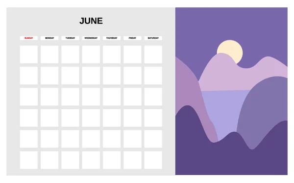 Calendar Planner June summer month. Minimal abstract contemporary landscape natural background. Monthly template for diary business. Vector isolated — Stock Vector