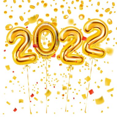 2022 gerçekçi altın süsleme balonları. Altın folyo numaralar 3 d Mutlu yıllar, parlak parti geçmişi, konfeti, sim. Vektör bayramı posteri, pankart tasarımı